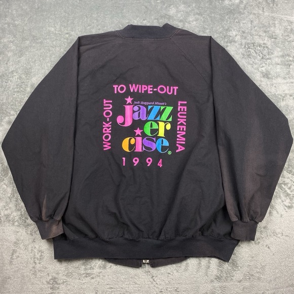 Vtg Jazzercise‎ Jacket Size XL Black Sun Faded 90s Work Out To Wipe Out Leukemia - Picture 1 of 15